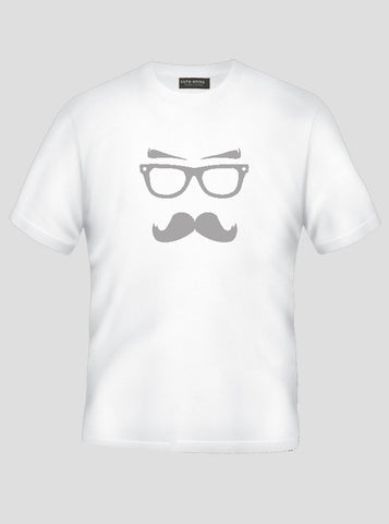 Moustache Man With Glasses White T-Shirt (SIZE - M)