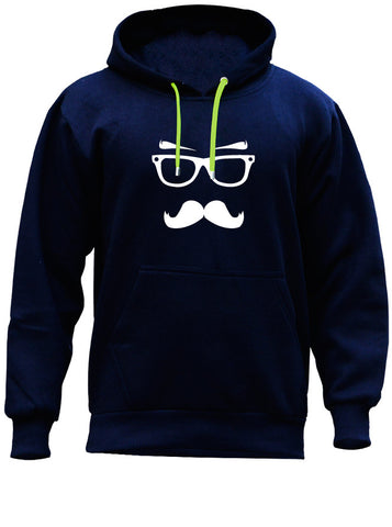 Moustache Man With Glasses Blue Hoodie (SIZE - XL)